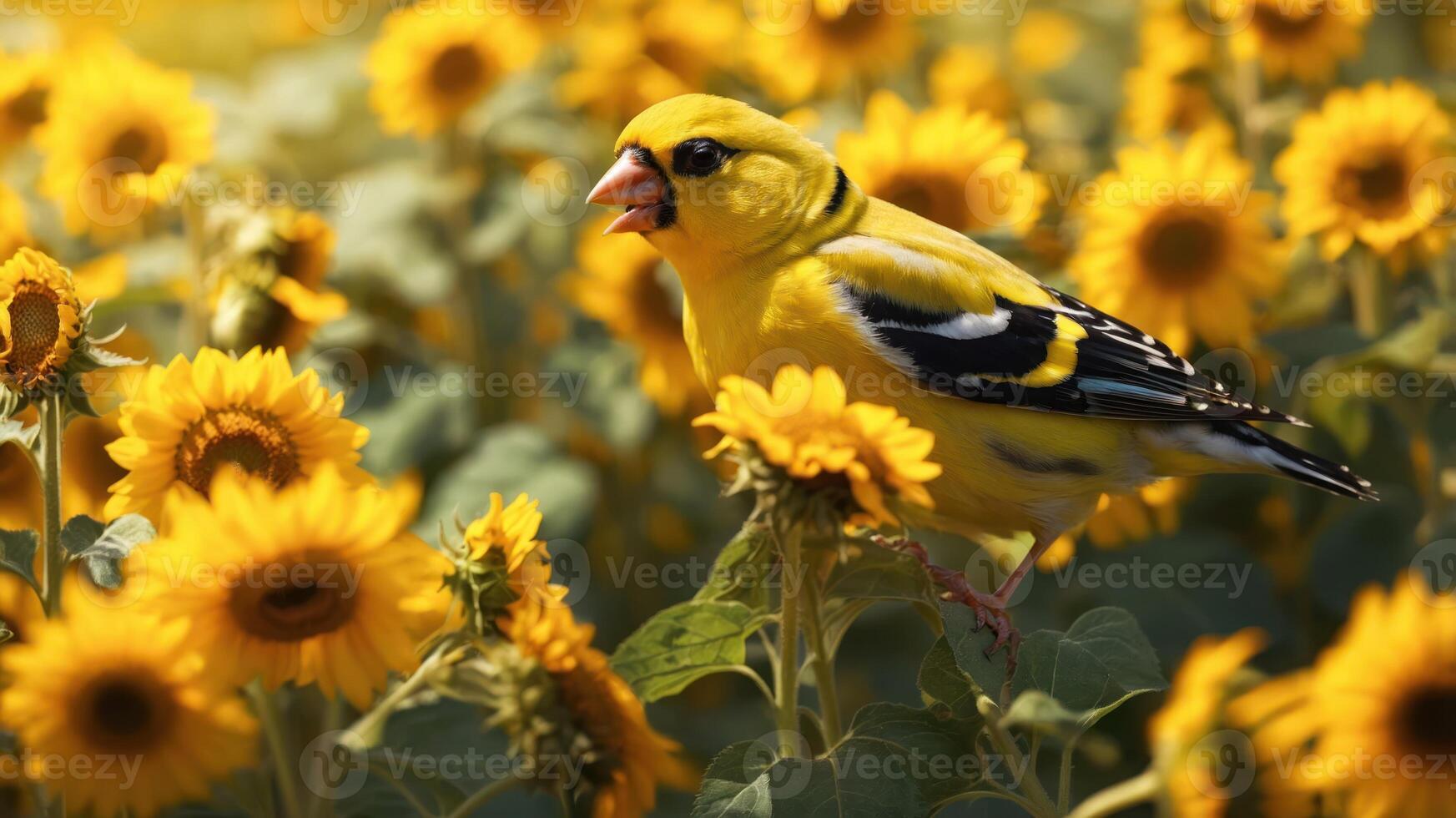 A vibrant yellow bird perched among sunflowers, showcasing nature's beauty and harmony. photo