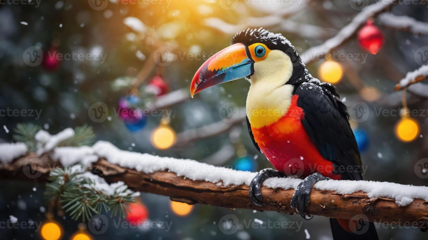 A colorful toucan perched on a snowy branch amidst festive lights. photo