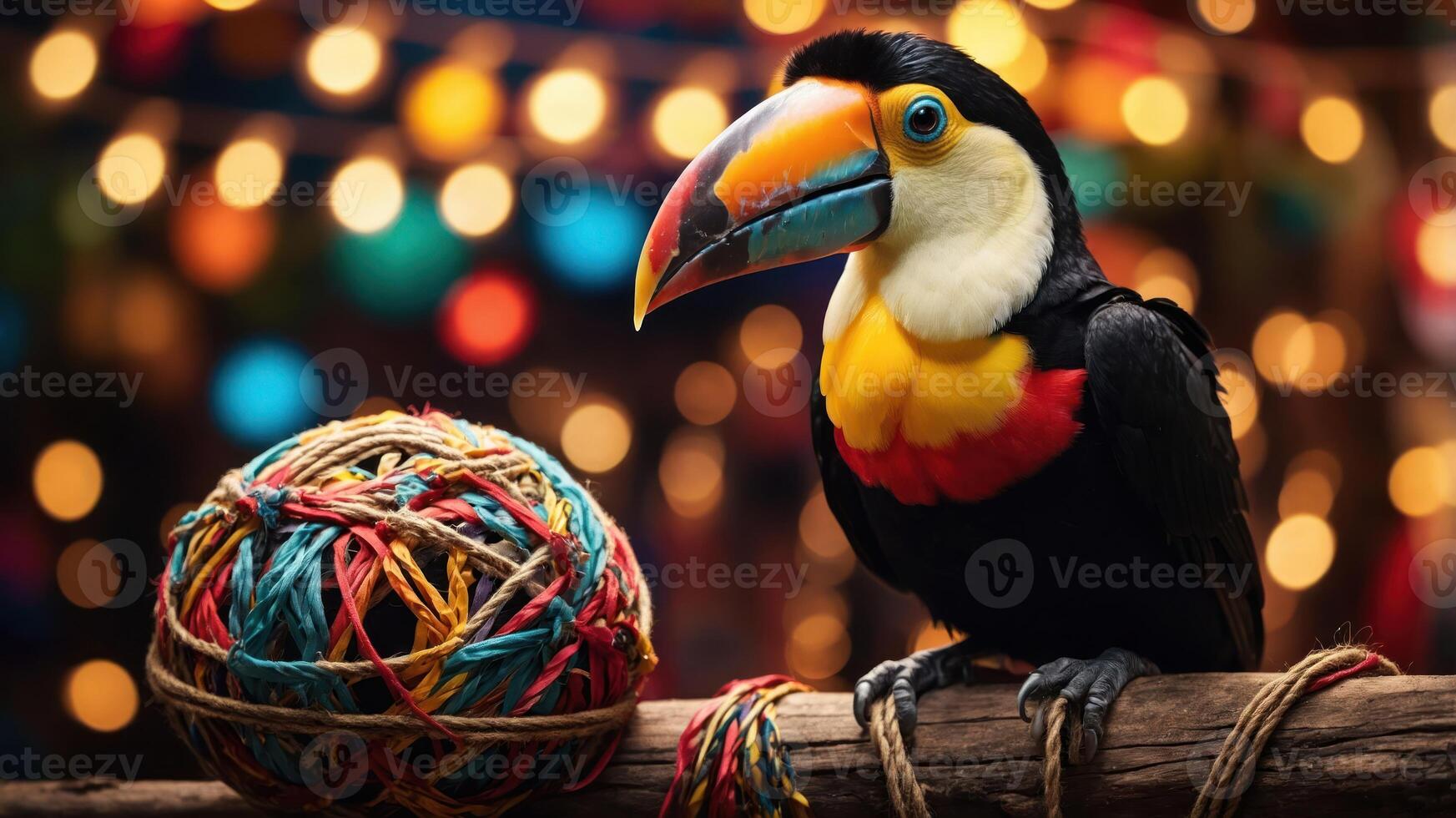 A colorful toucan perched next to a ball of yarn, surrounded by festive lights. photo