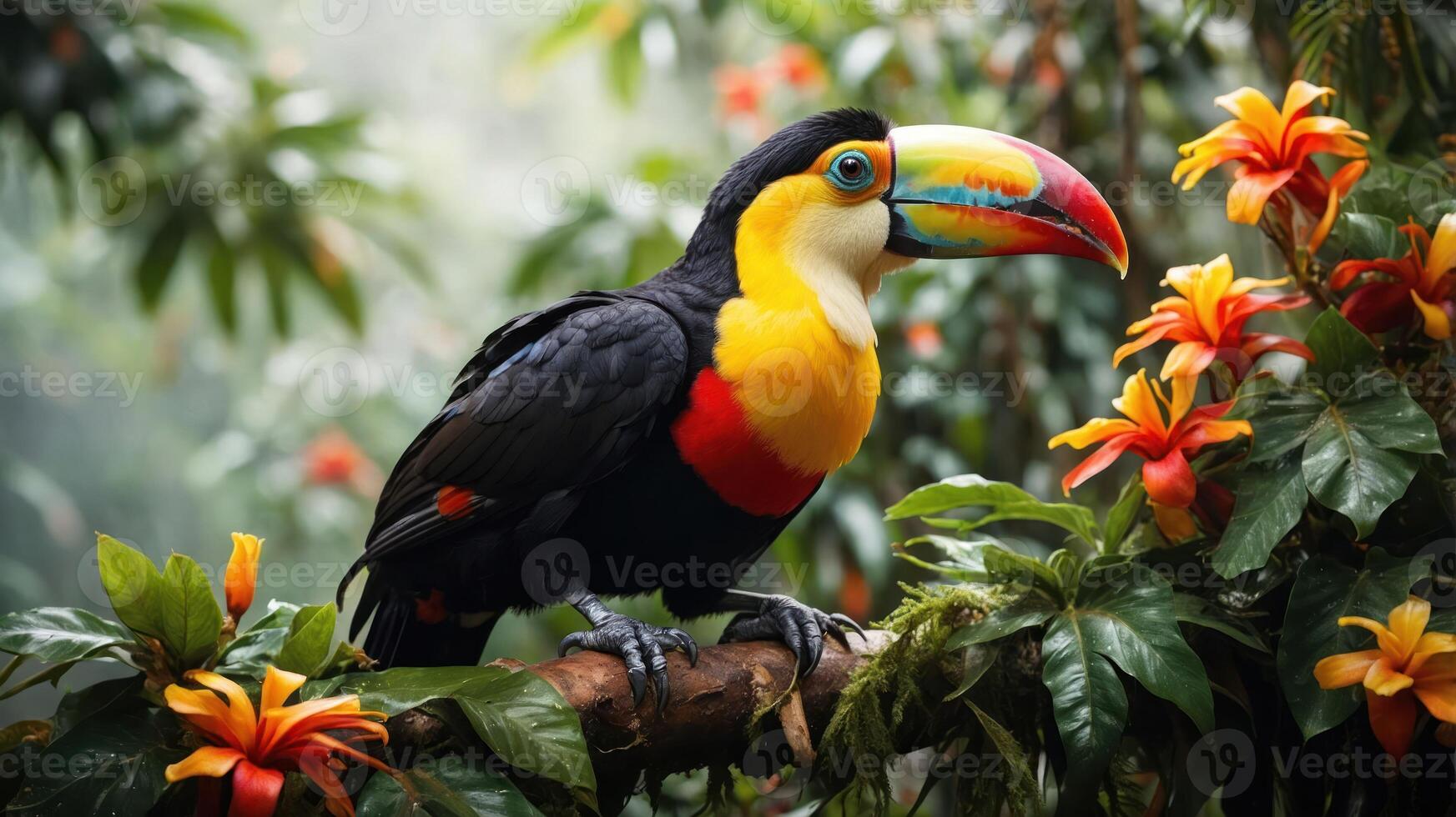 A vibrant toucan perched on a branch surrounded by lush tropical foliage and colorful flowers. photo