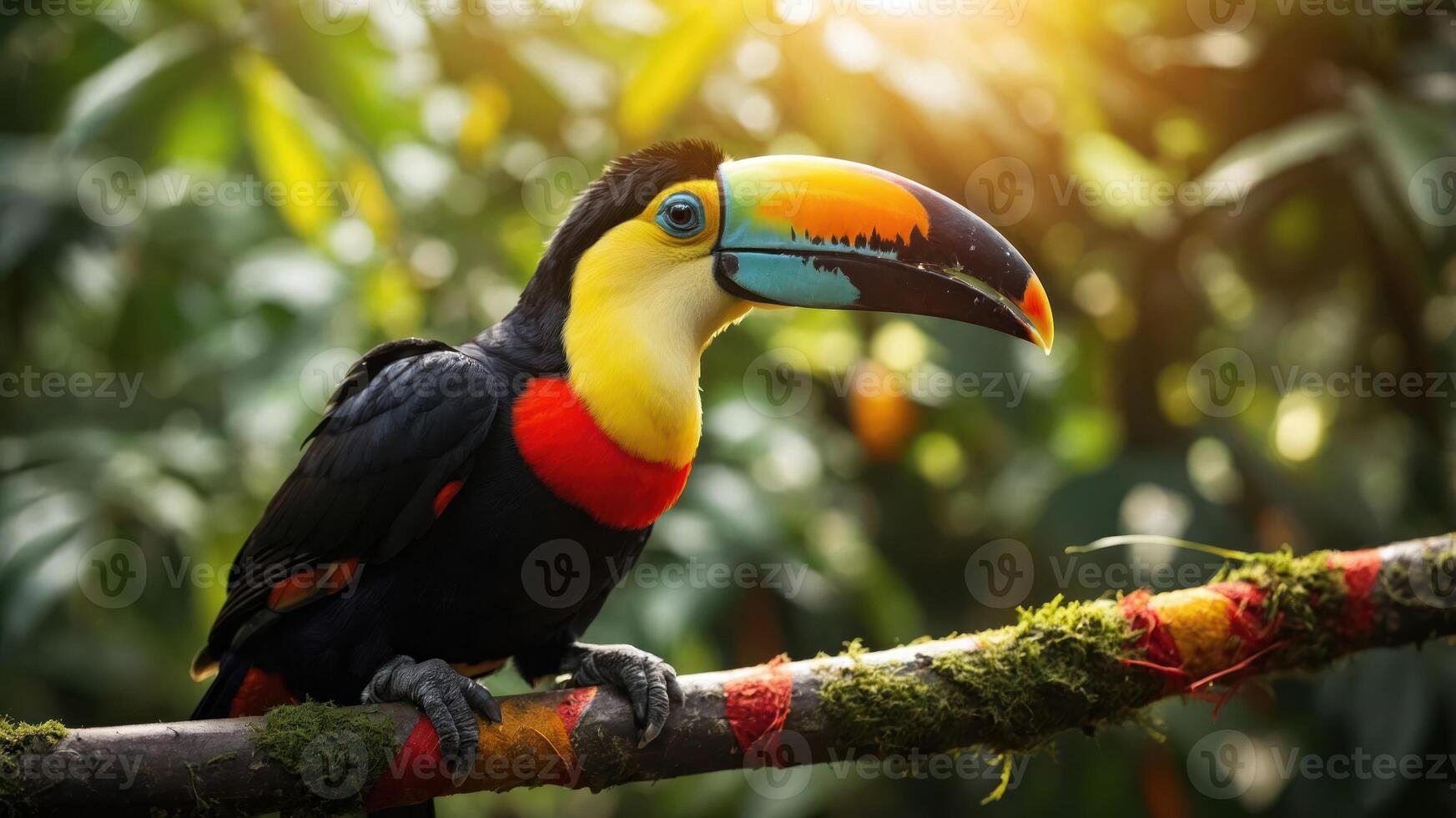 A colorful toucan perched on a branch in a lush, vibrant rainforest setting. photo