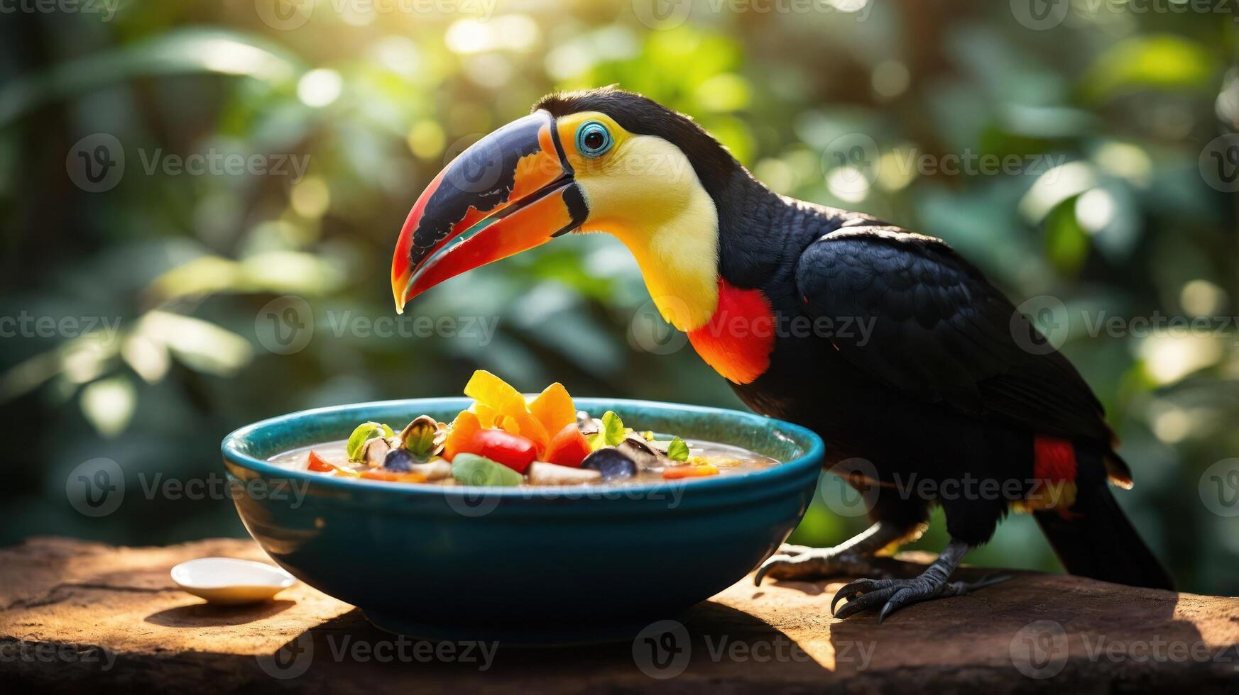 A toucan perched beside a colorful bowl of fruit salad in a lush, green environment. photo