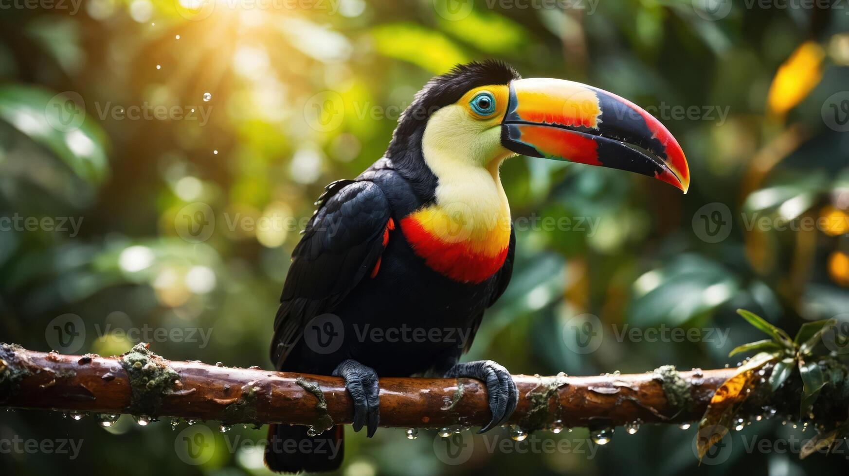 A colorful toucan perched on a branch in a lush, vibrant rainforest setting. photo