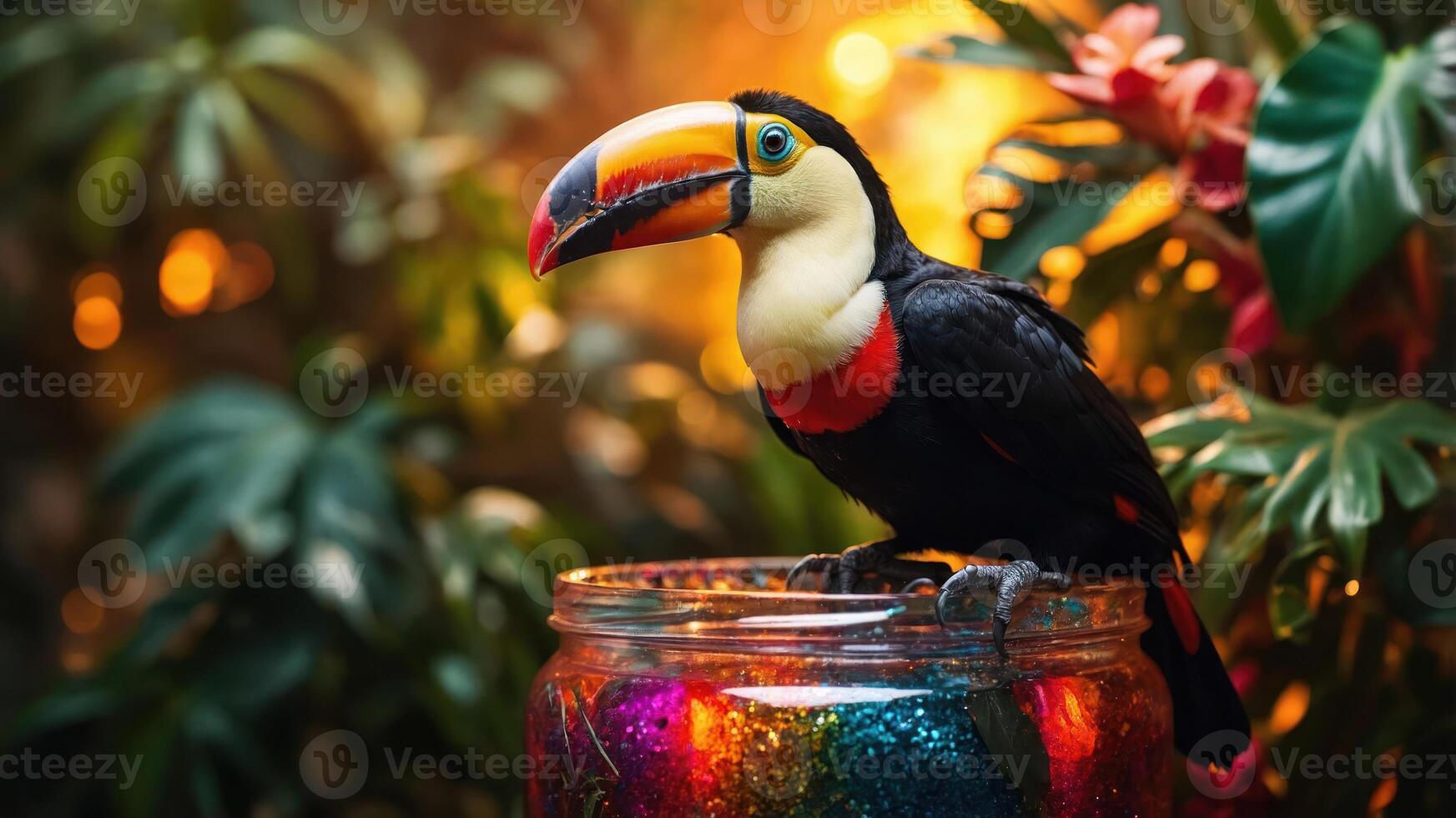 A colorful toucan perched on a jar with vibrant decorations amidst lush greenery. photo
