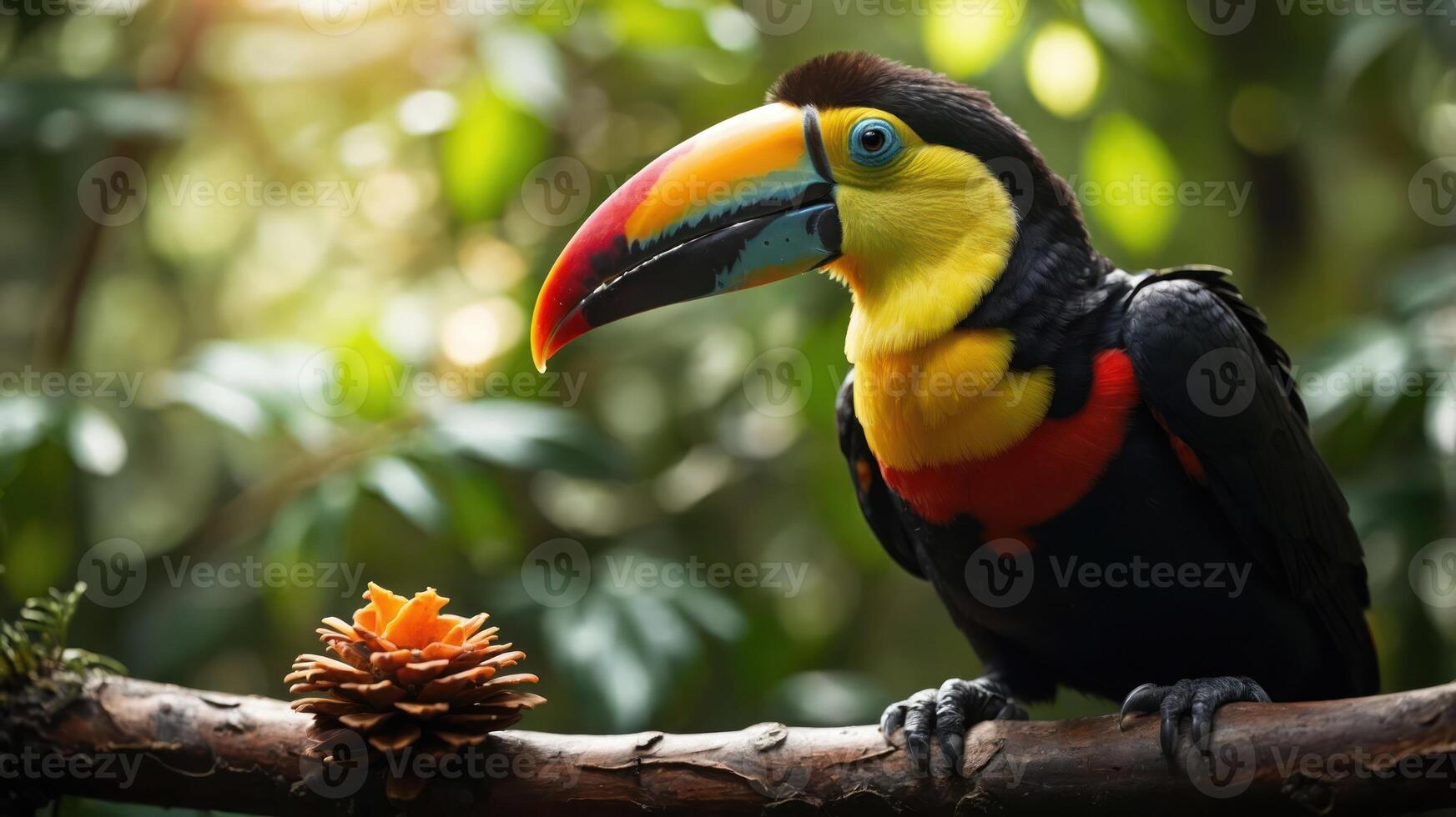 A colorful toucan perched on a branch beside a pine cone in a lush, green environment. photo
