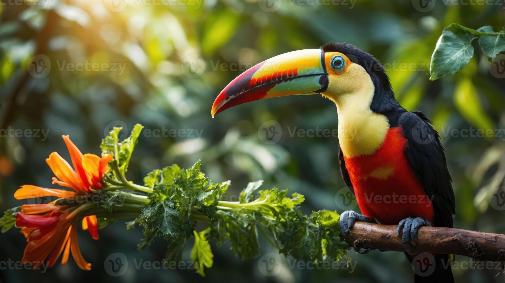 A vibrant toucan perched on a branch beside a bright flower in a lush, green environment. photo
