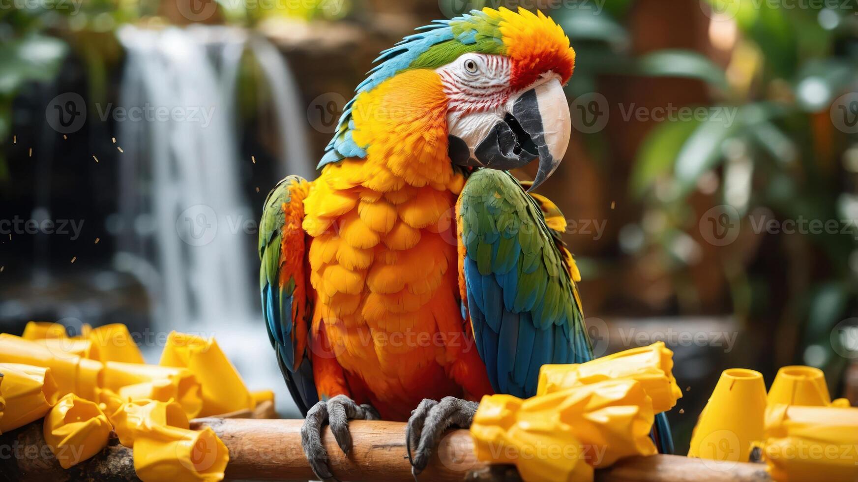 A vibrant macaw perched near a waterfall, surrounded by yellow objects. photo