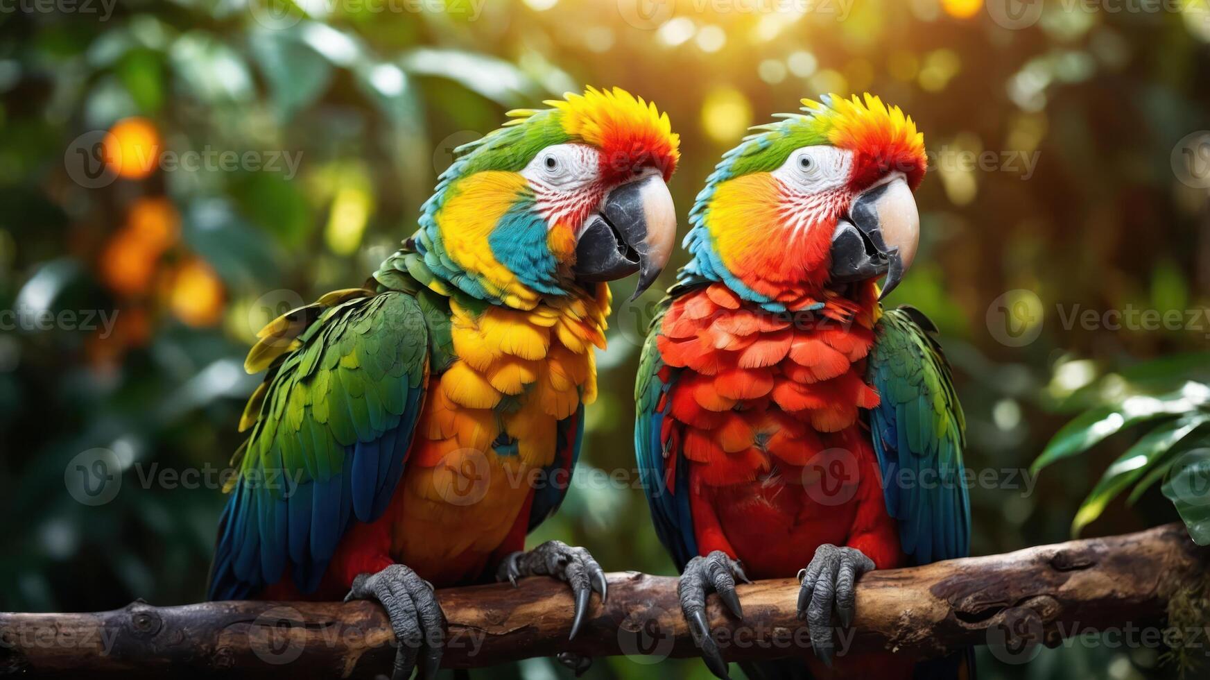 Two colorful parrots perched on a branch in a lush, vibrant environment. photo