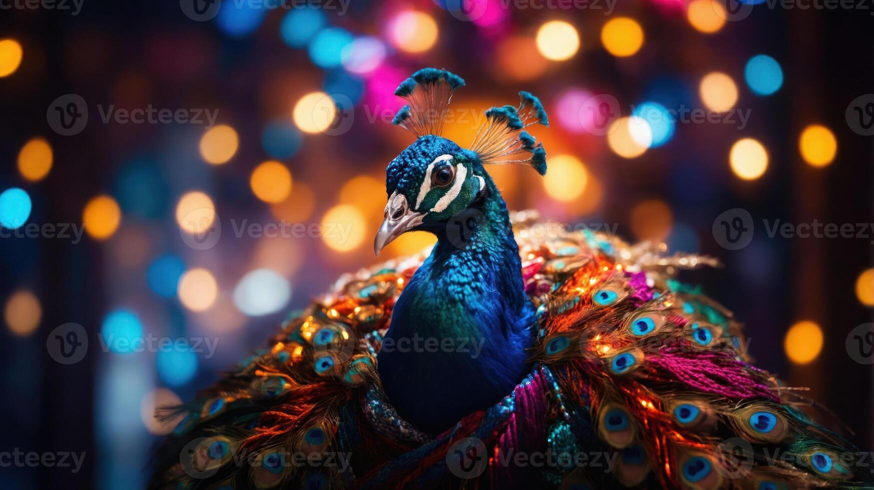 A vibrant peacock displaying its colorful feathers against a blurred, illuminated background. photo