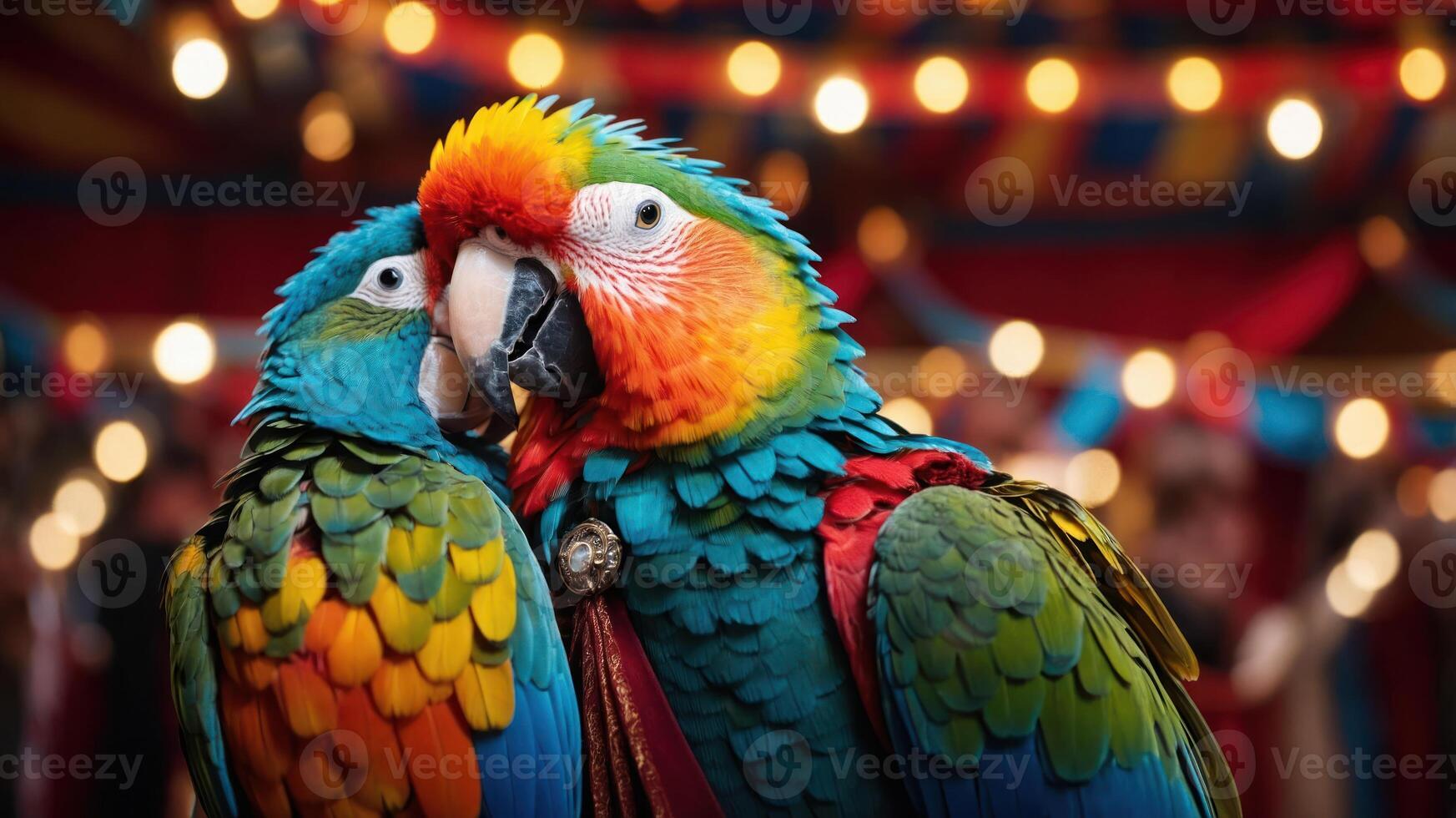 Two vibrant parrots display affection at a lively, colorful event. photo