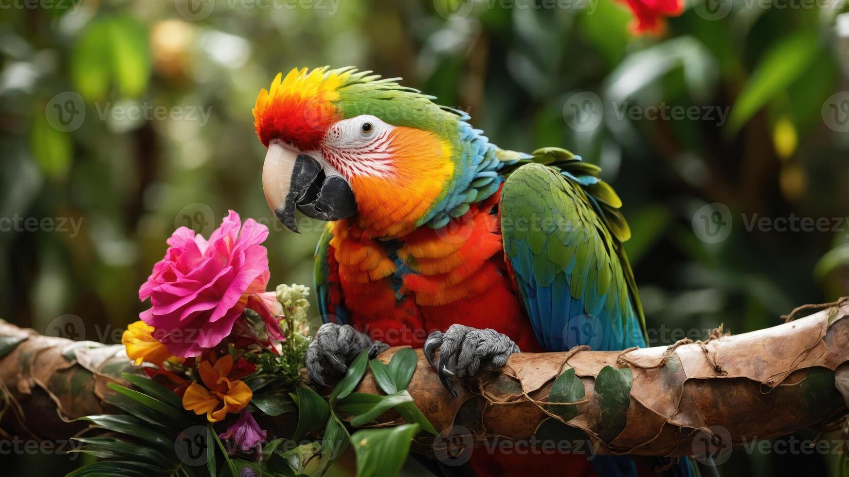 A vibrant macaw perched on a branch surrounded by flowers in a lush environment. photo
