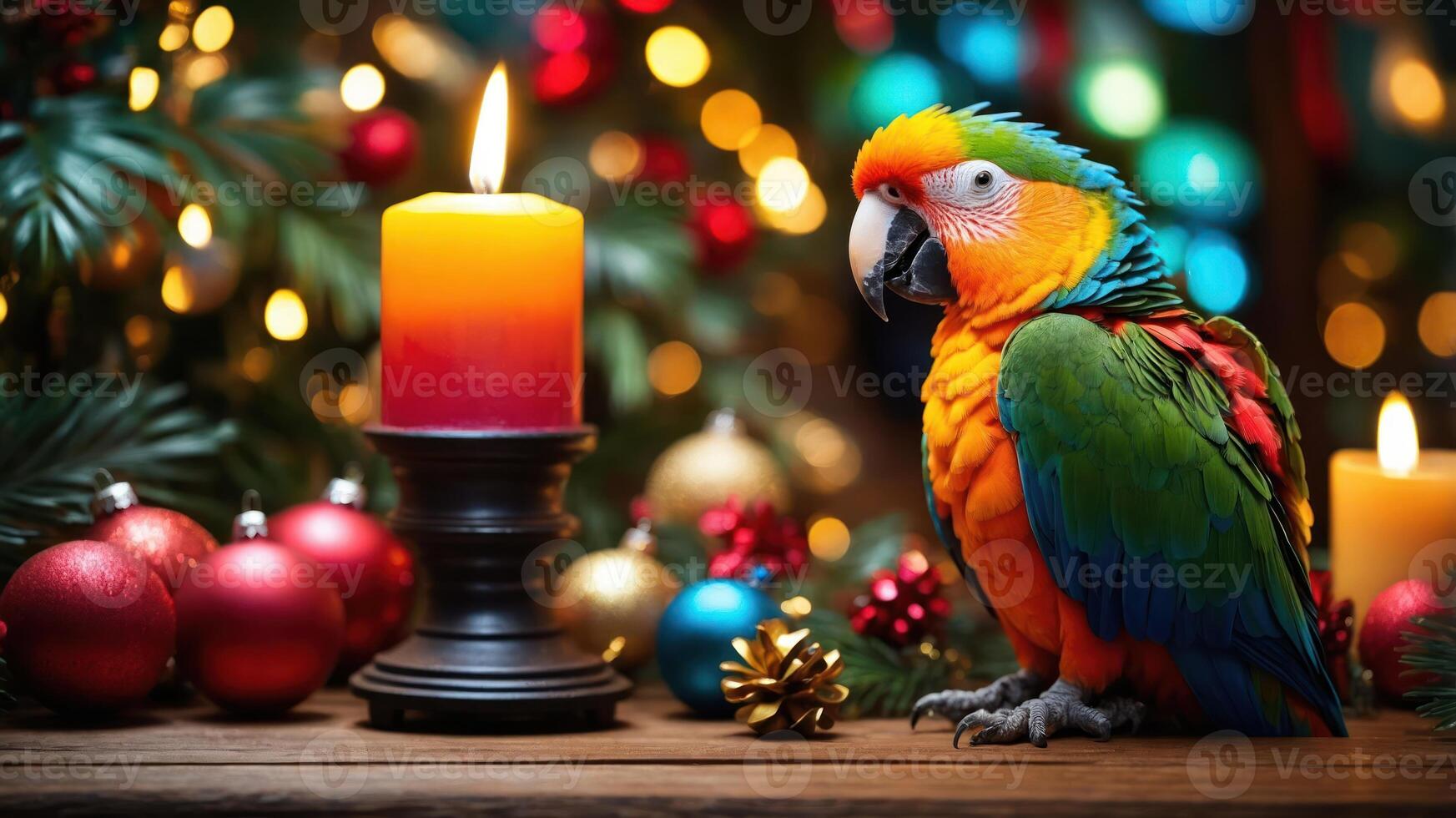 A colorful parrot sits beside a candle and festive ornaments, creating a holiday atmosphere. photo