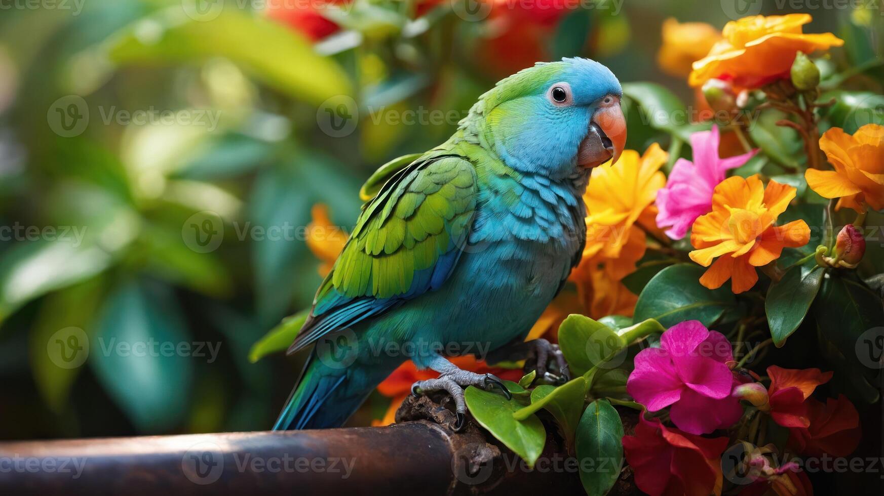 A vibrant blue-green parrot perched among colorful flowers in a lush environment. photo