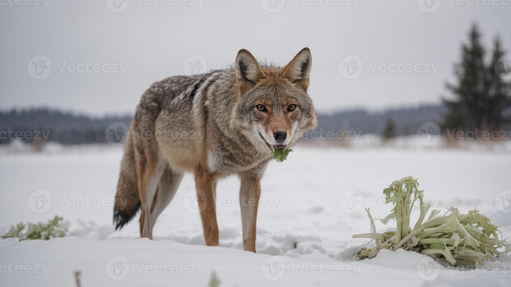 A coyote stands in the snow, chewing on a piece of celery amidst a winter landscape. photo