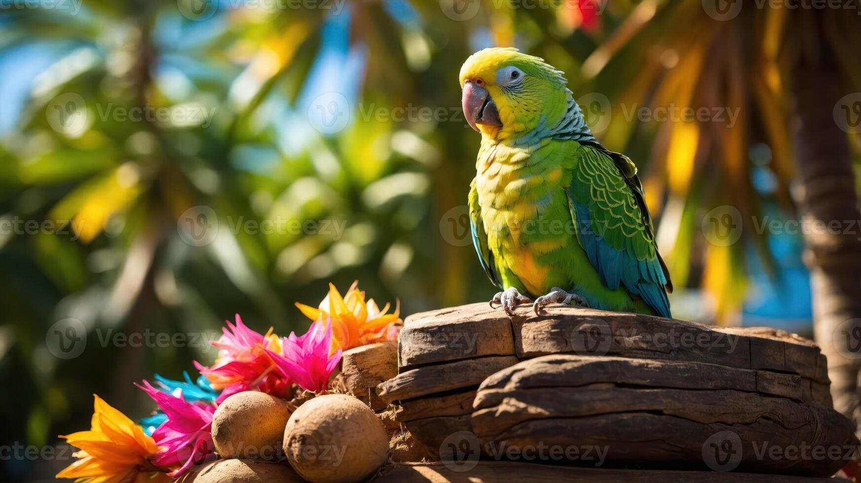 A vibrant parrot perched on a log surrounded by colorful flowers and fruits. photo