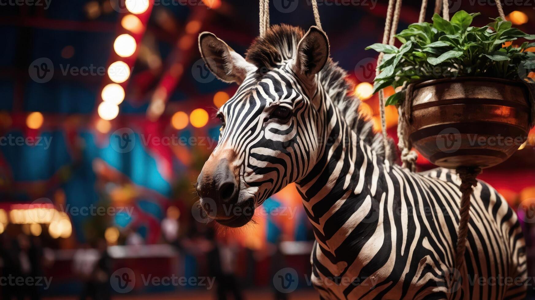 A zebra in a vibrant circus setting, surrounded by colorful lights and decorations. photo