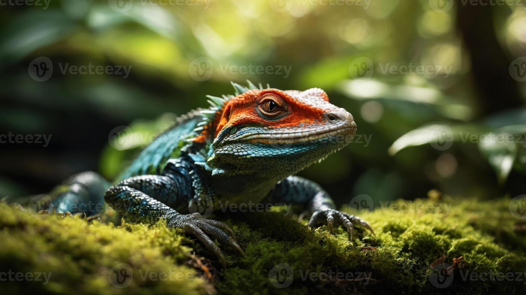 A vibrant lizard resting on moss in a lush, green environment. photo