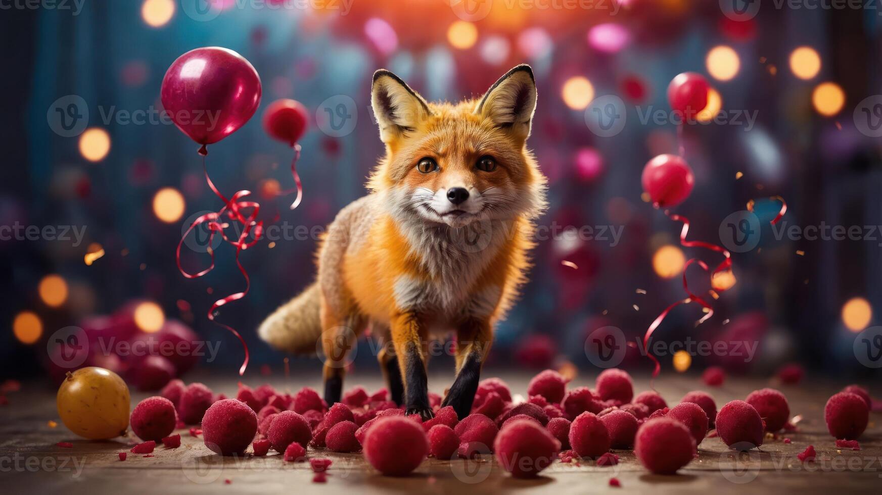A playful fox surrounded by colorful balloons and confetti, creating a festive atmosphere. photo
