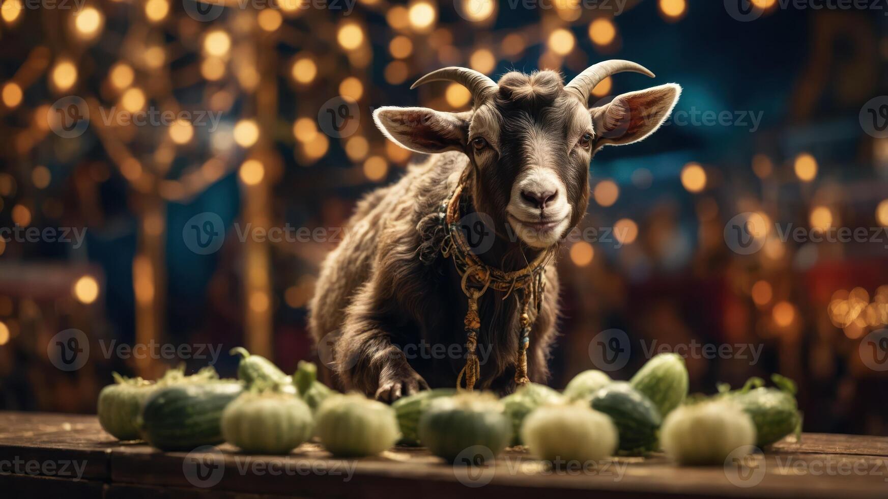 A goat displays vegetables on a table, surrounded by warm, festive lights. photo