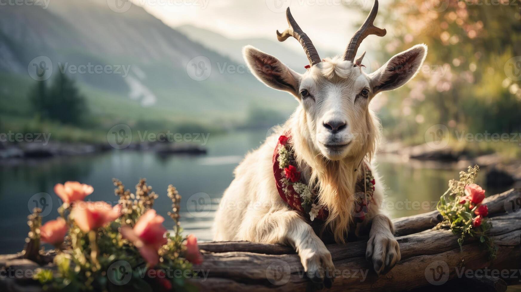 A goat adorned with flowers rests by a serene lakeside, surrounded by nature's beauty. photo
