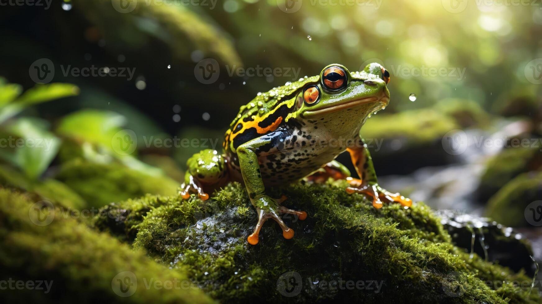 A vibrant frog perched on a mossy rock in a lush, sunlit forest setting. photo