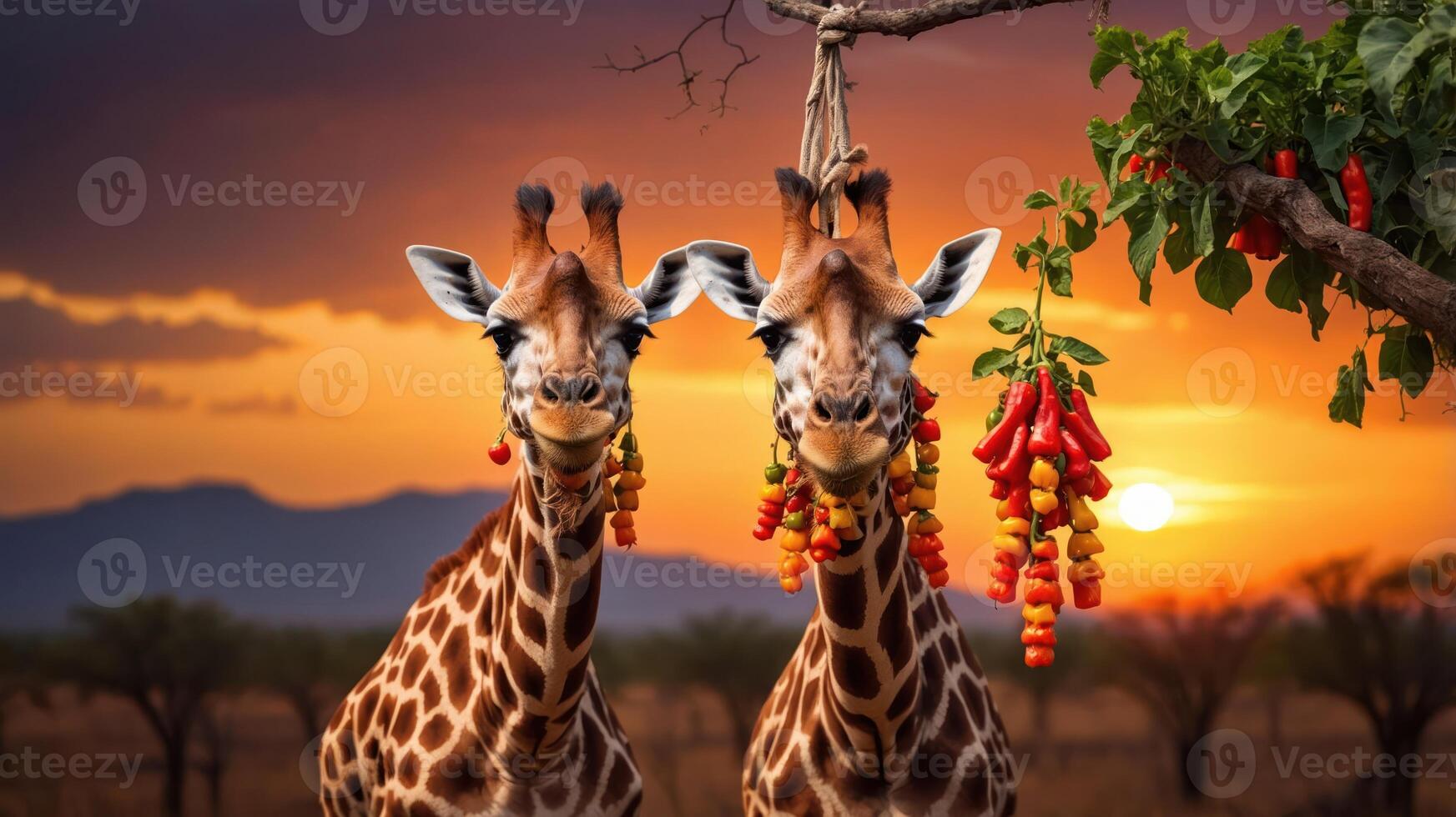 Two giraffes adorned with colorful peppers against a vibrant sunset backdrop. photo