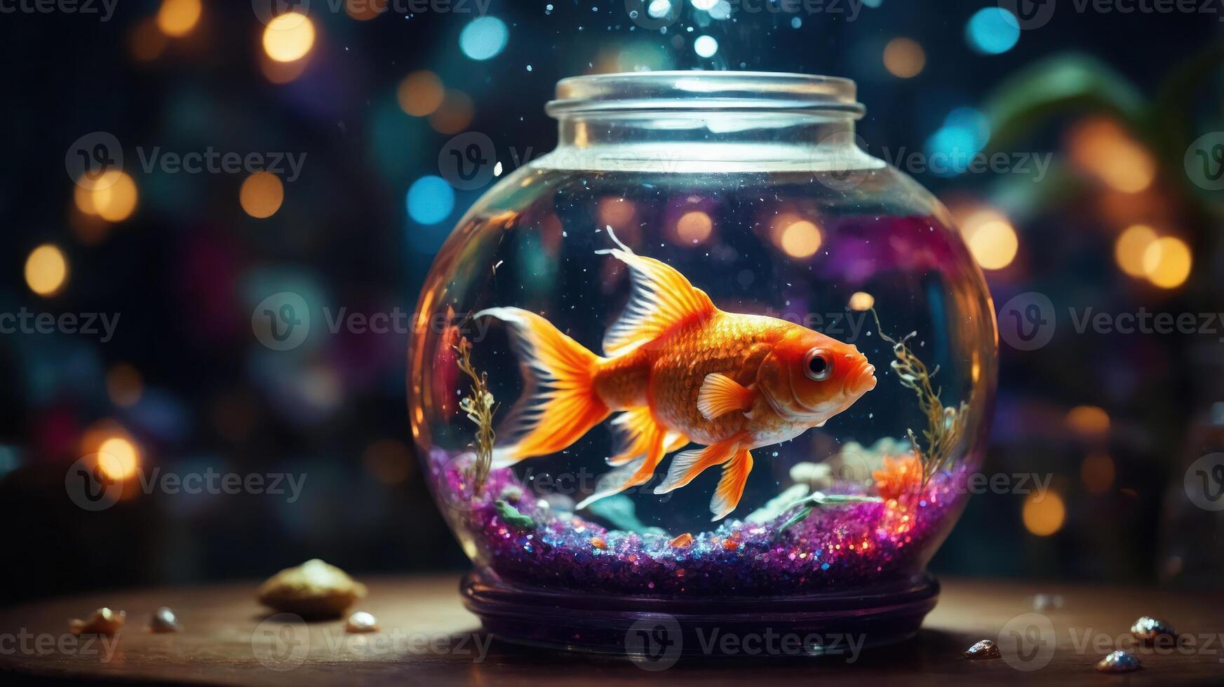 A goldfish swims in a colorful bowl, surrounded by sparkling decorations and soft lighting. photo