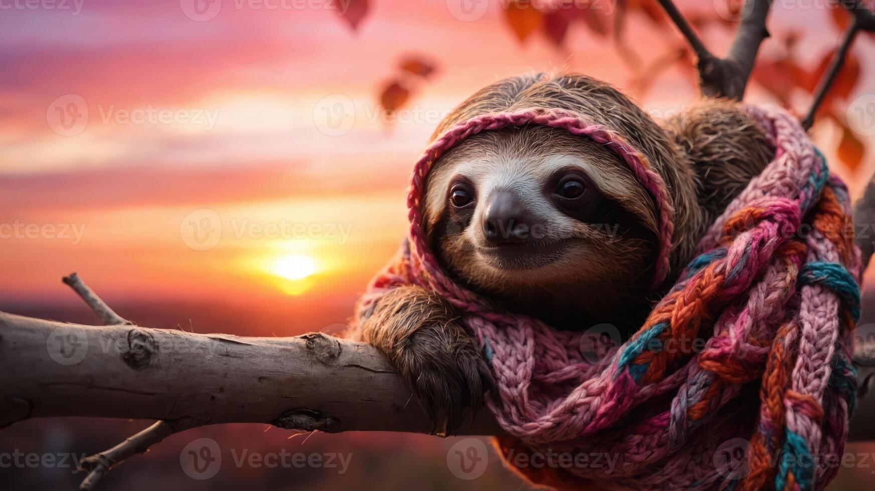 A sloth wrapped in a colorful scarf perched on a branch during a vibrant sunset. photo