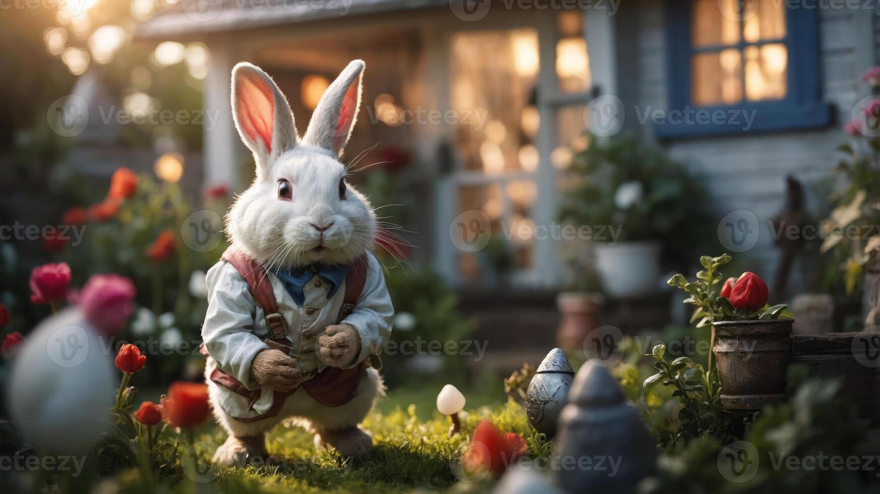A whimsical rabbit in a garden, surrounded by flowers and decorative eggs, near a cozy home. photo