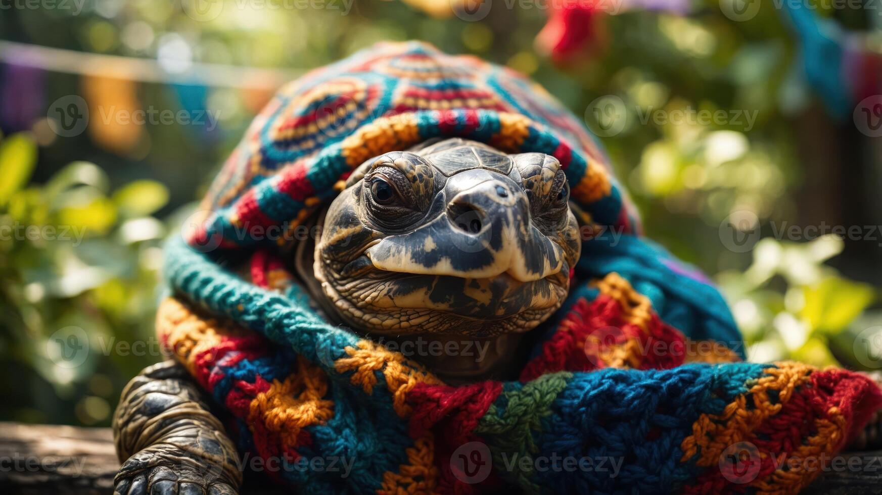 A turtle wrapped in a colorful, knitted blanket, showcasing a whimsical and cozy vibe. photo