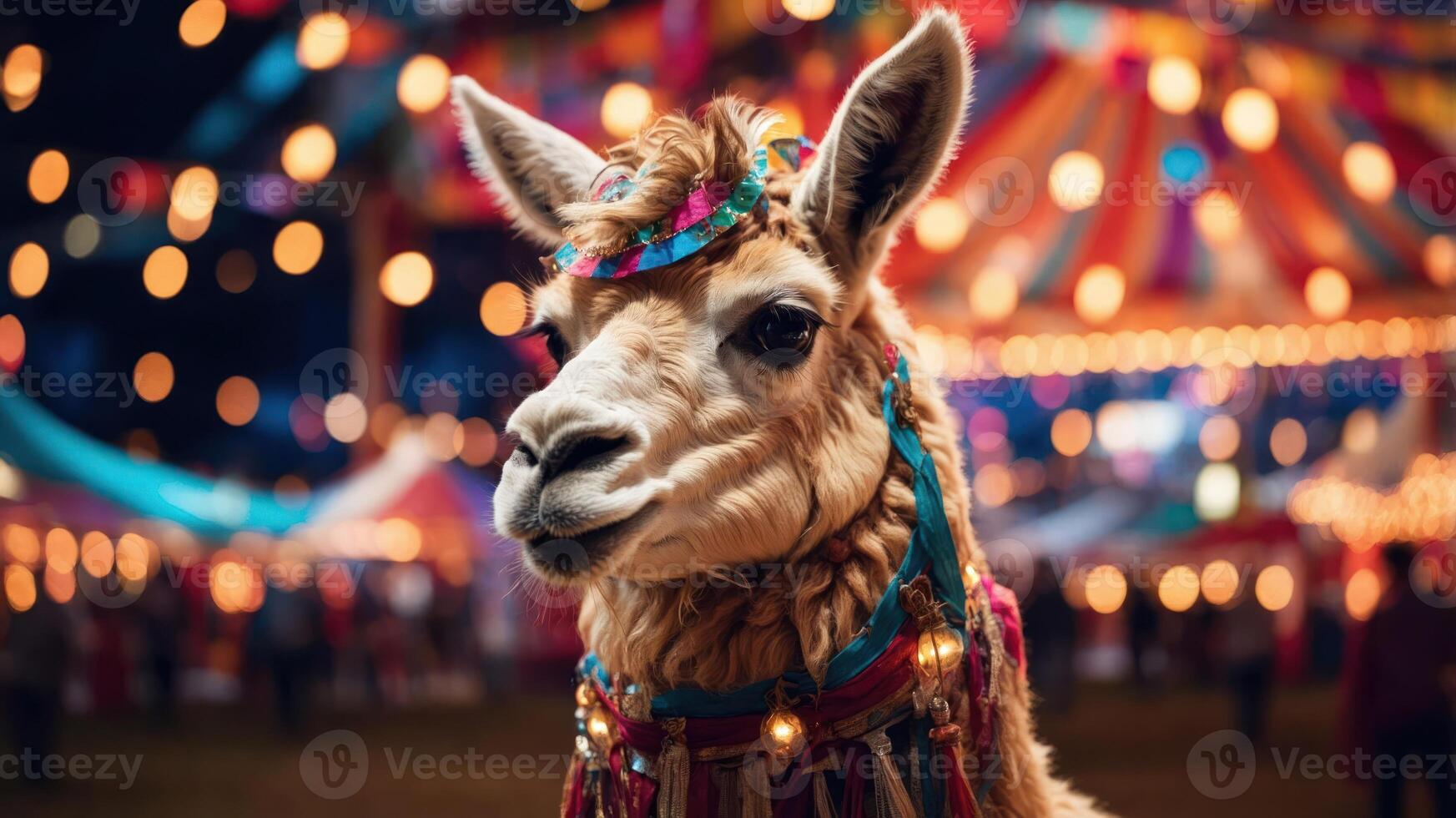 A decorated llama stands in front of a colorful carnival backdrop with festive lights. photo