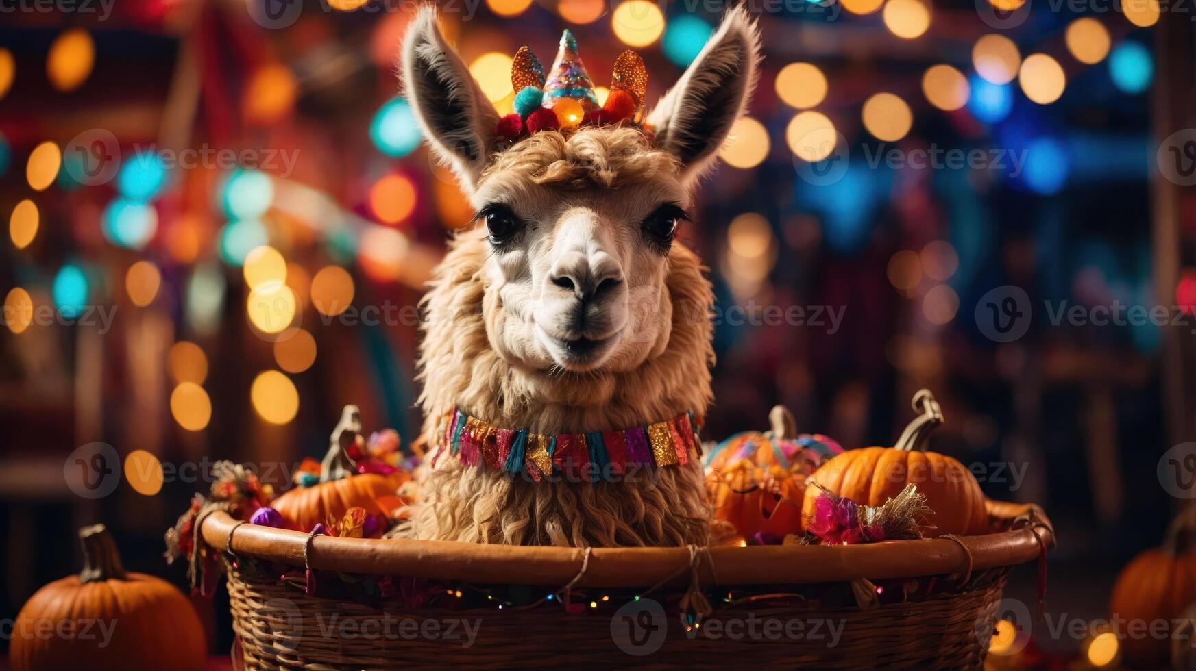 A festive llama in a basket surrounded by pumpkins and colorful lights. photo