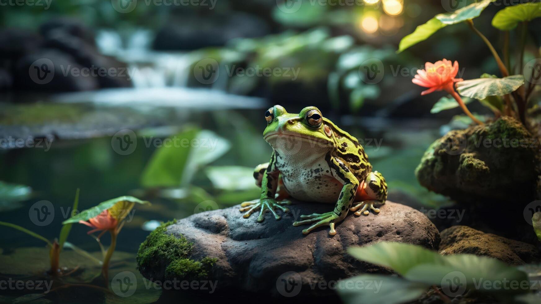 A serene frog perched on a rock near a tranquil pond surrounded by lush greenery and flowers. photo