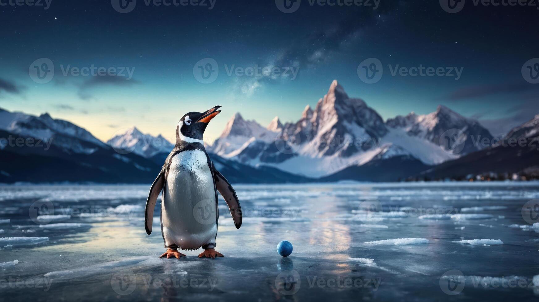 A penguin stands on ice with mountains in the background and a blue egg nearby. photo