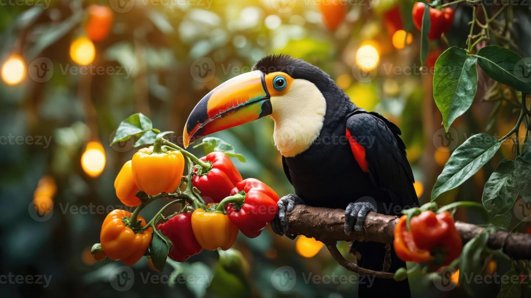 A toucan perched on a branch with colorful peppers amidst a lush, illuminated background. photo