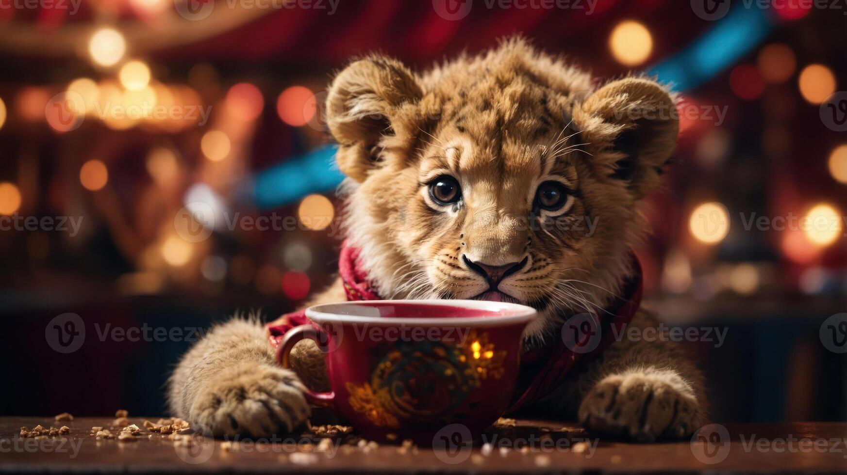 A lion cub curiously gazes at a red cup, set in a vibrant circus-like environment. photo