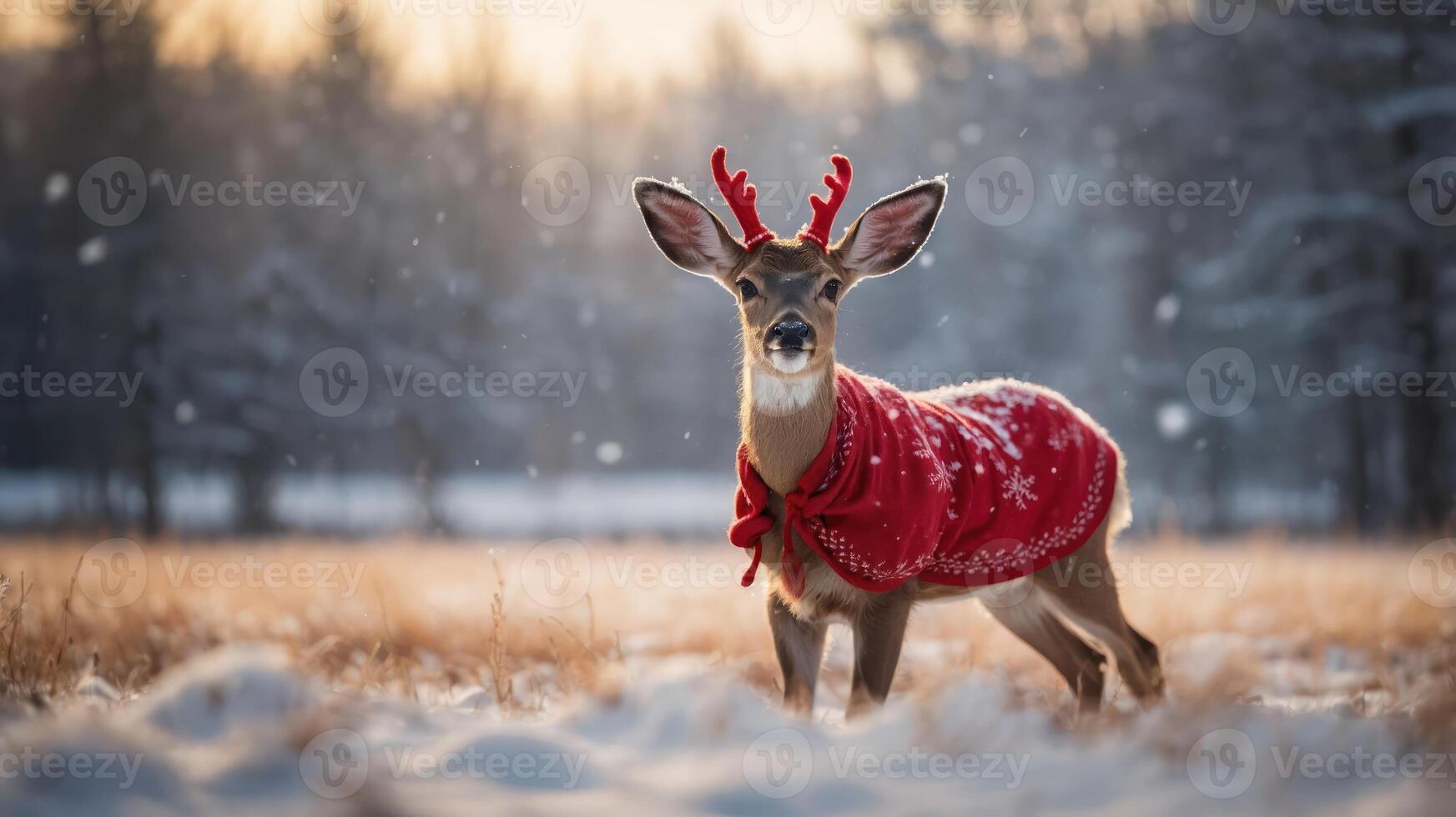 A deer wearing a festive red sweater stands in a snowy field during winter. photo