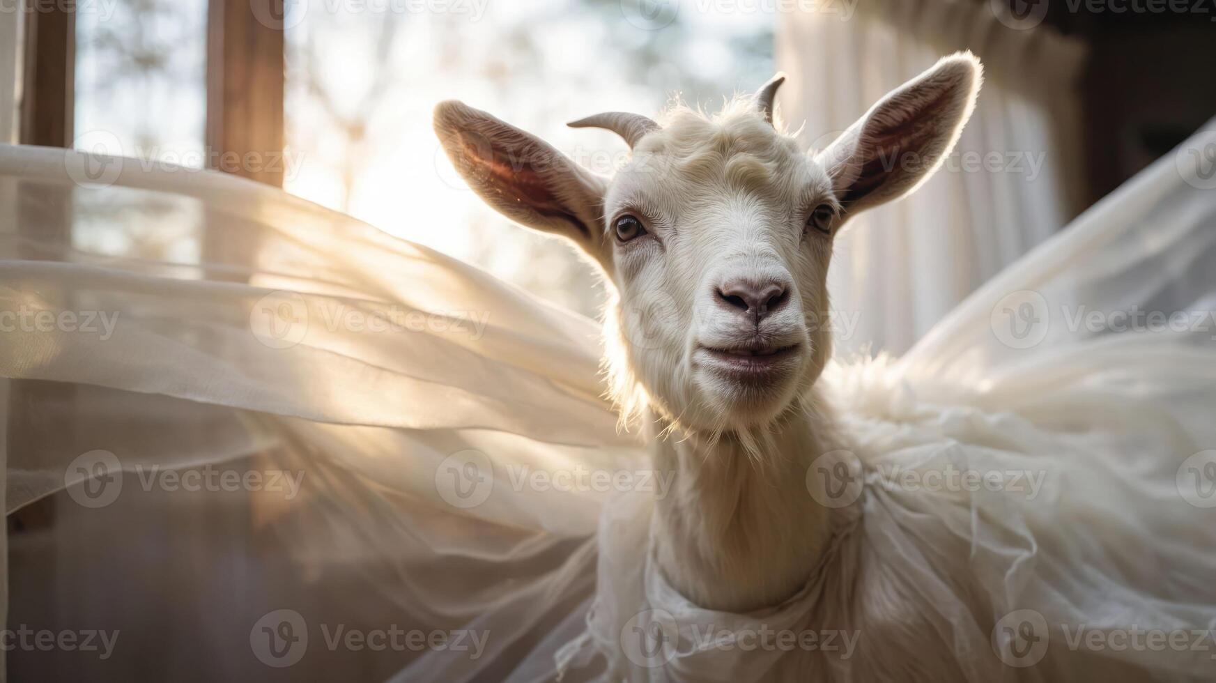 A whimsical goat adorned with flowing fabric, set against a soft, sunlit background. photo