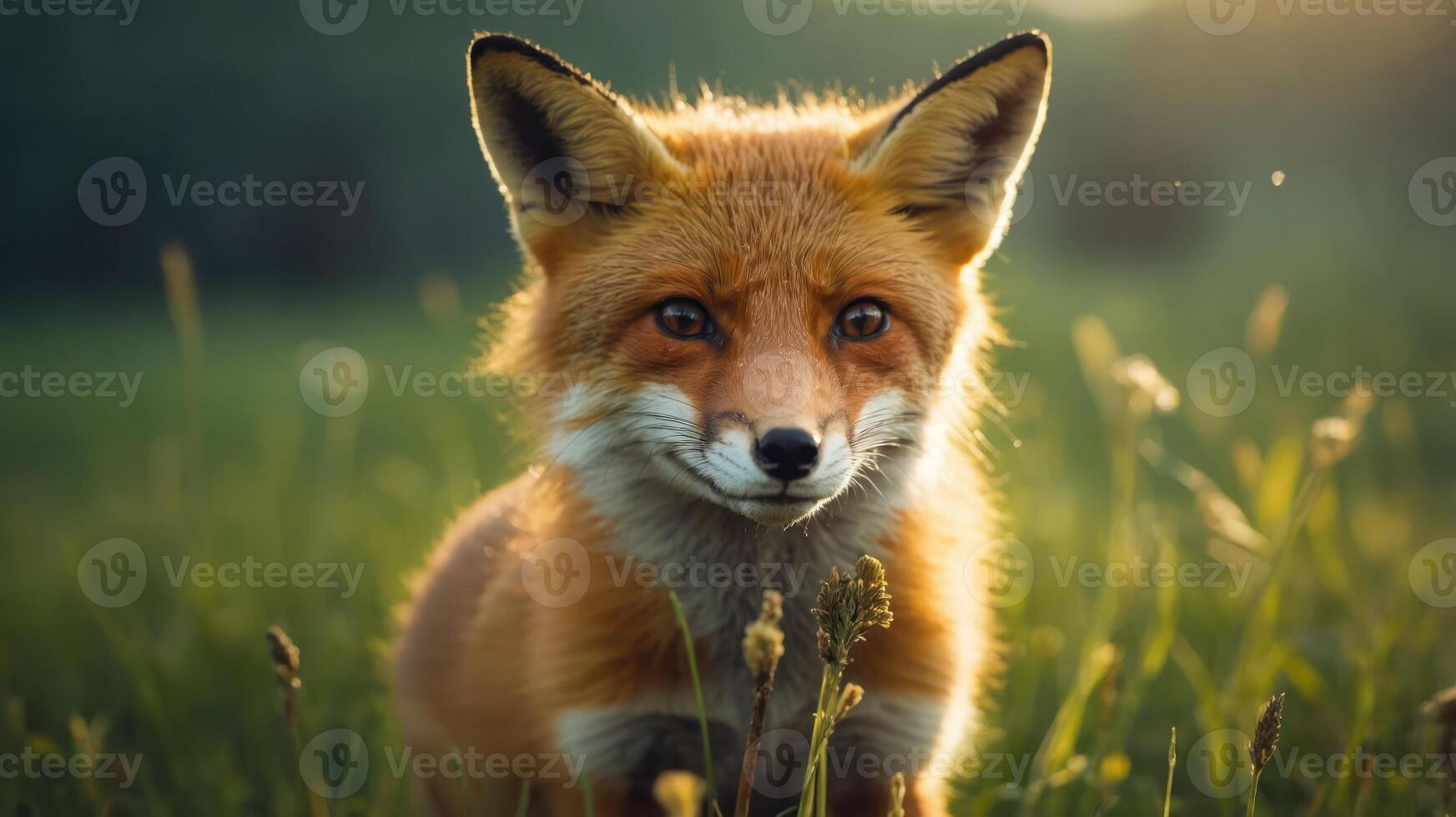 A close-up of a fox in a grassy field, showcasing its vibrant fur and inquisitive expression. photo
