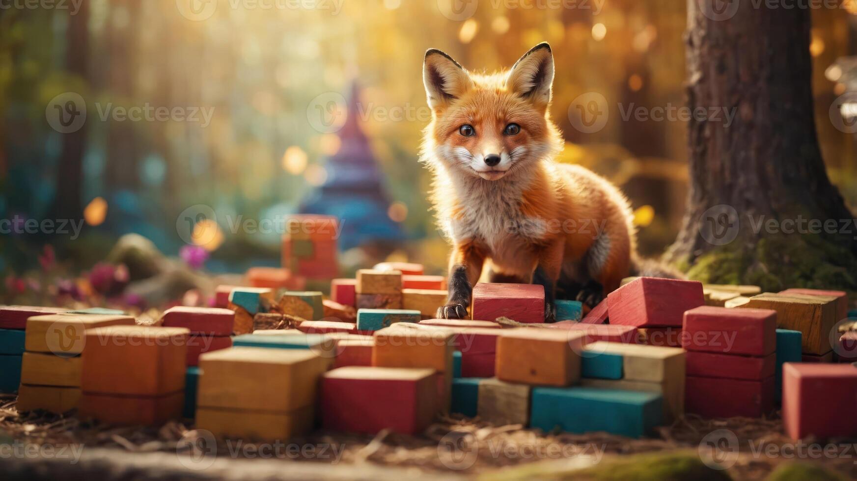 A fox sitting among colorful blocks in a forest setting, evoking a whimsical atmosphere. photo