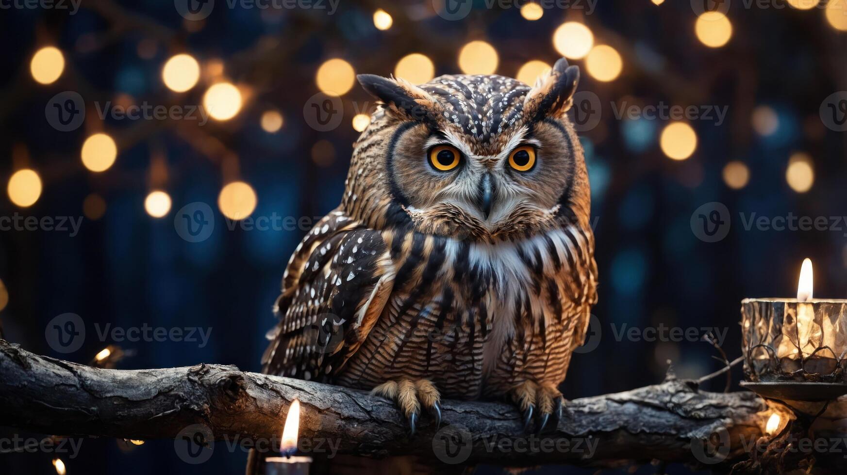 A majestic owl perched on a branch, surrounded by soft glowing lights and candles. photo