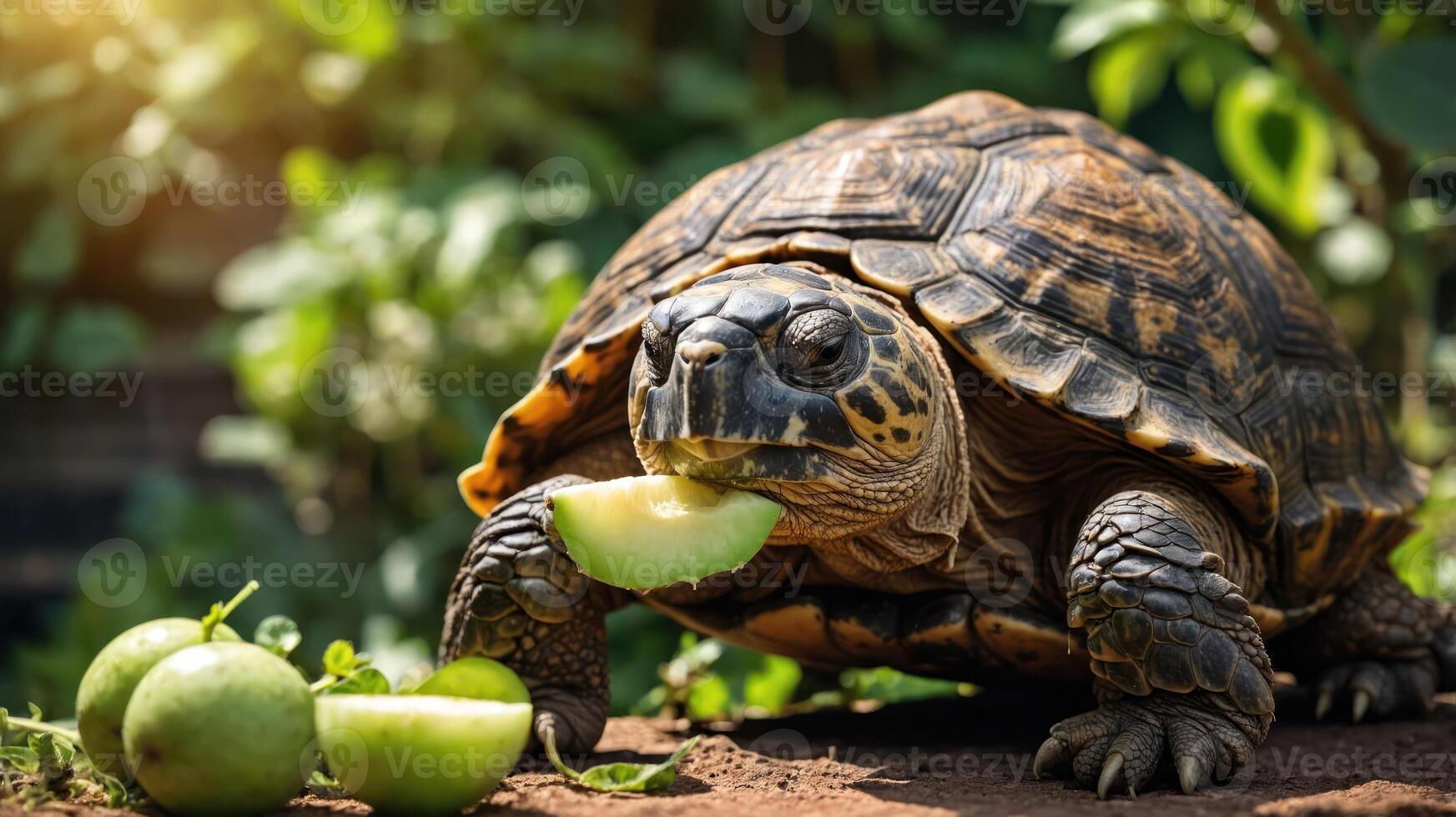 A tortoise enjoying a slice of fruit in a lush green environment. photo