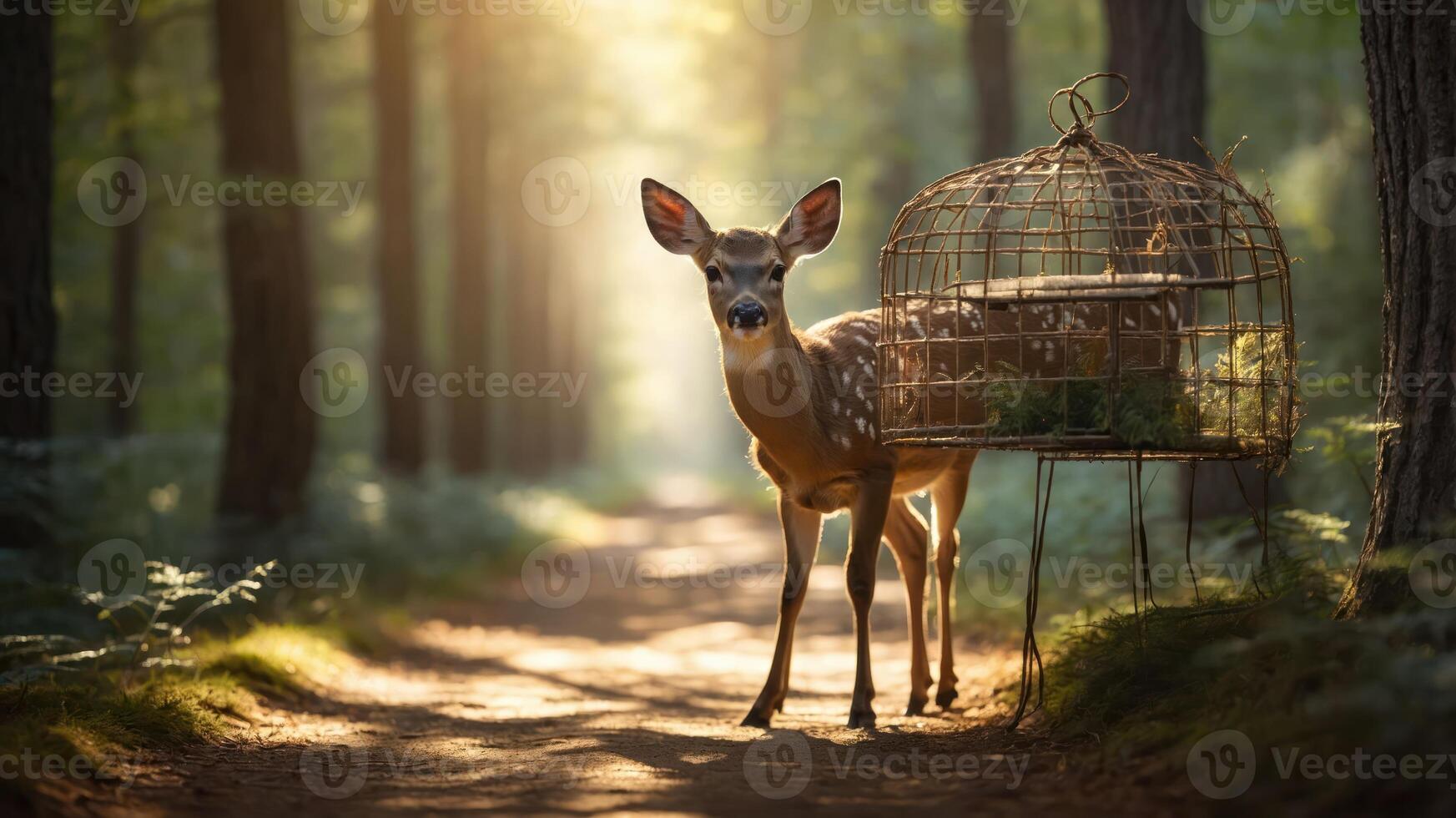 A deer stands beside a cage in a sunlit forest path, creating a serene and enchanting scene. photo