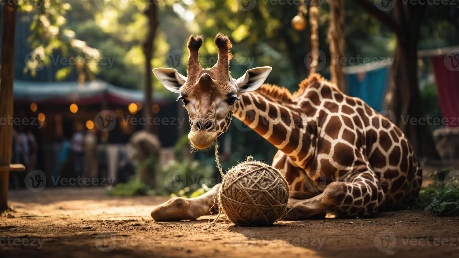A giraffe lounging on the ground, playing with a ball of twine in a serene environment. photo