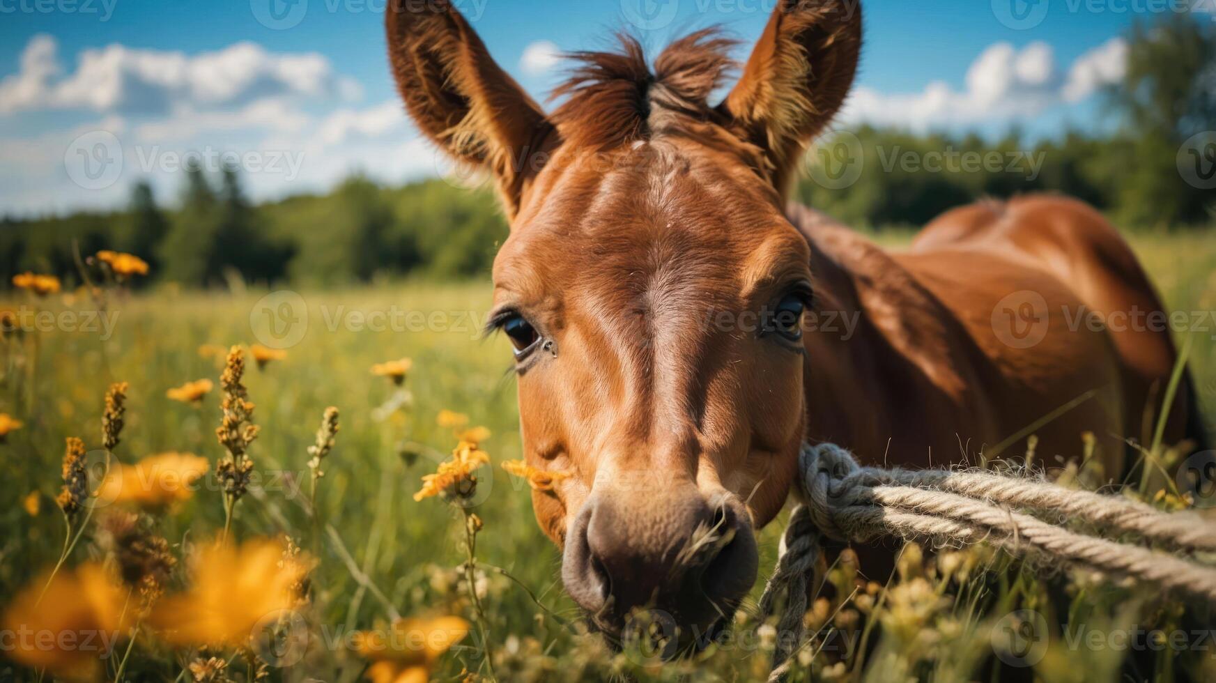 A young horse in a field of flowers, showcasing nature's beauty and tranquility. photo