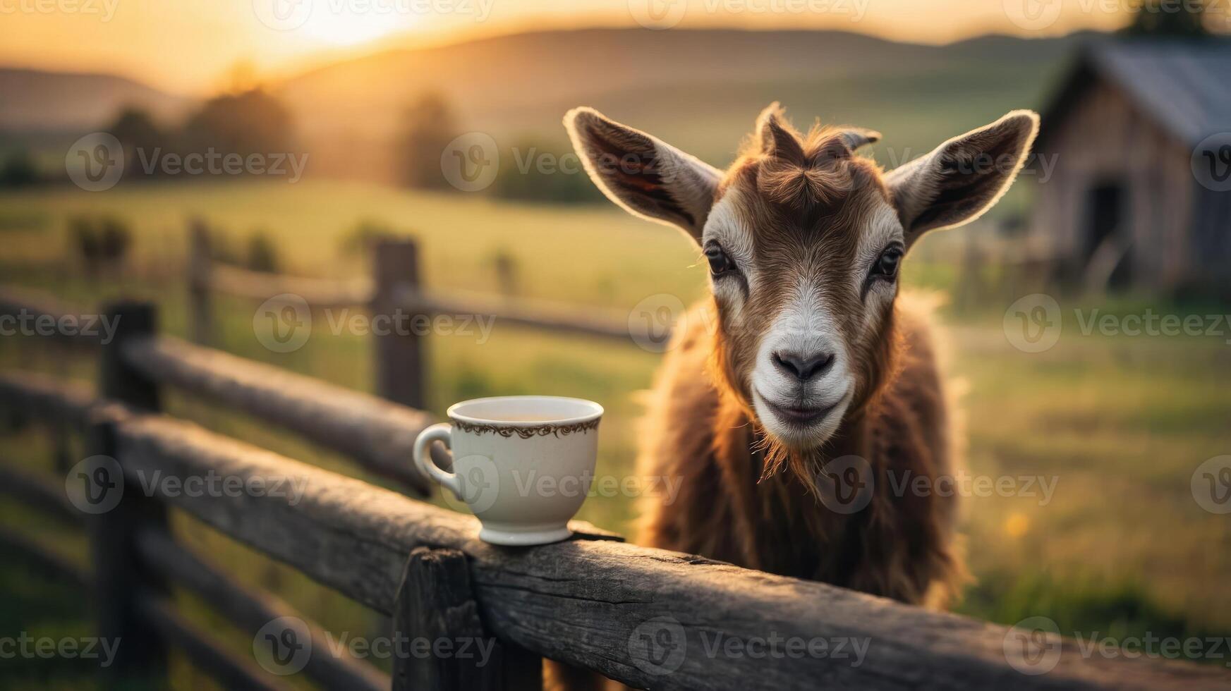 A curious goat stands by a fence with a cup, basking in a serene sunset landscape. photo