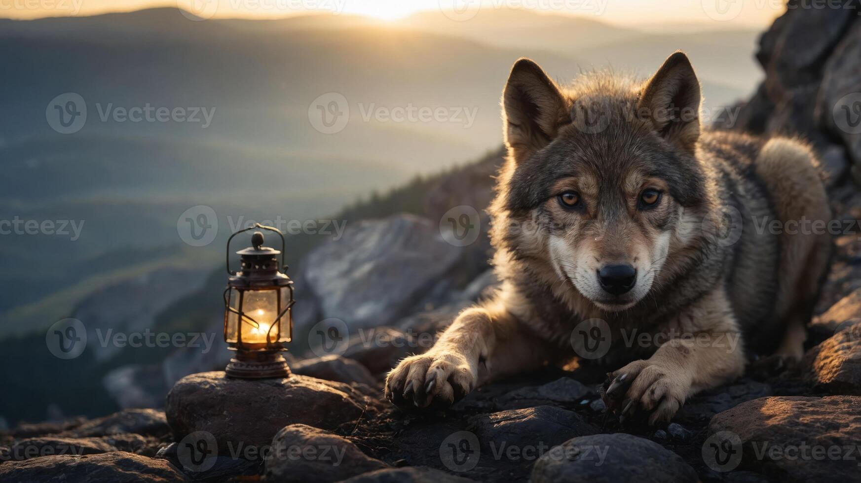 A wolf rests beside a glowing lantern, set against a stunning sunset landscape. photo