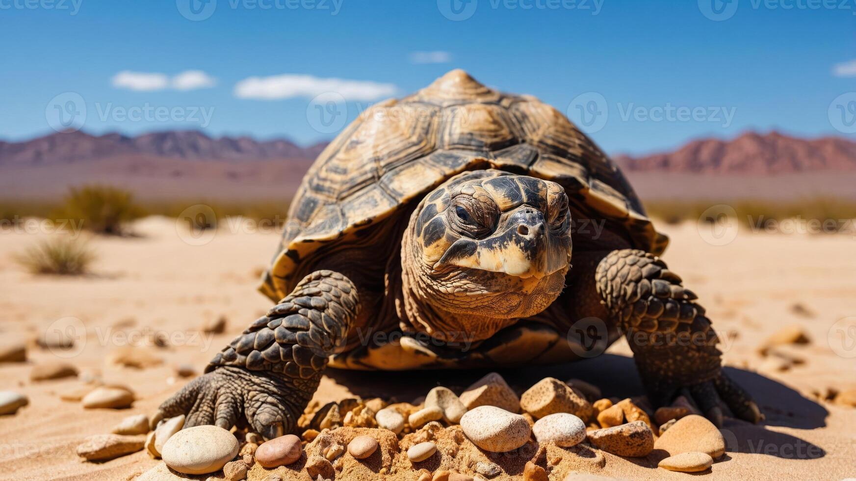 A tortoise crawling on sandy terrain, surrounded by small pebbles under a clear blue sky. photo