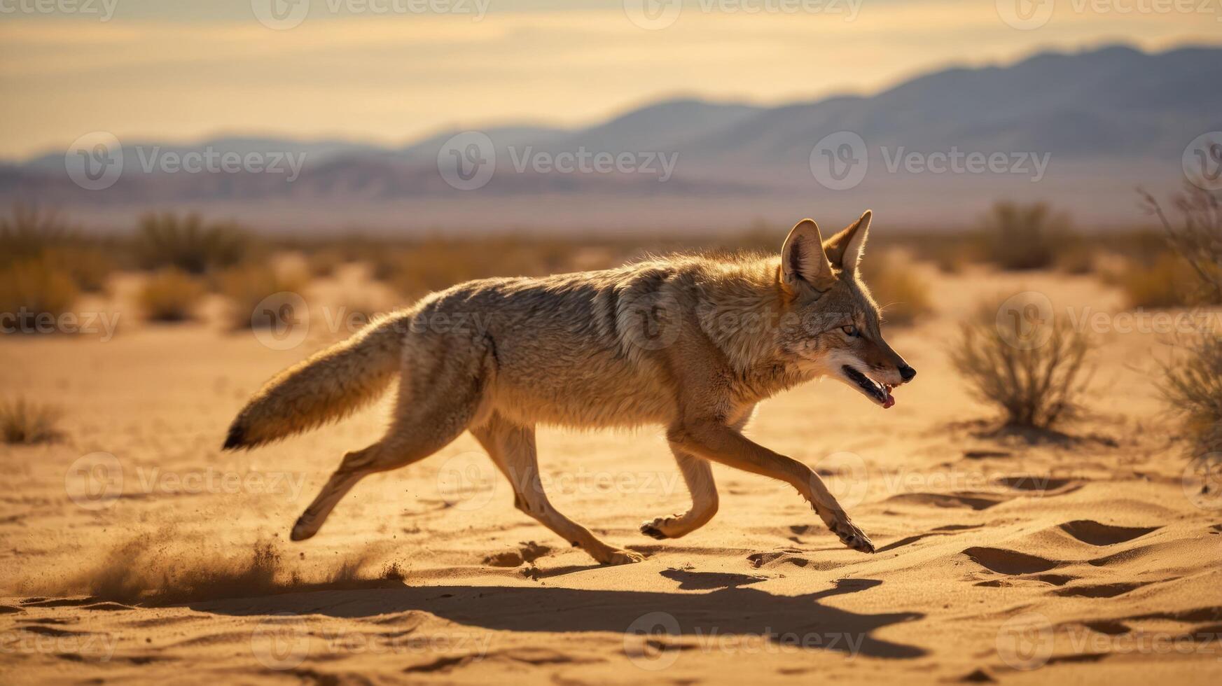A coyote runs gracefully across a sandy desert landscape during sunset. photo