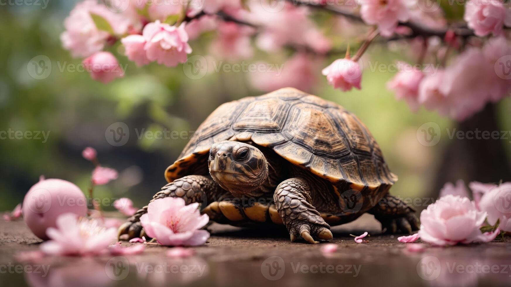 A tortoise surrounded by pink blossoms, creating a serene and natural setting. photo